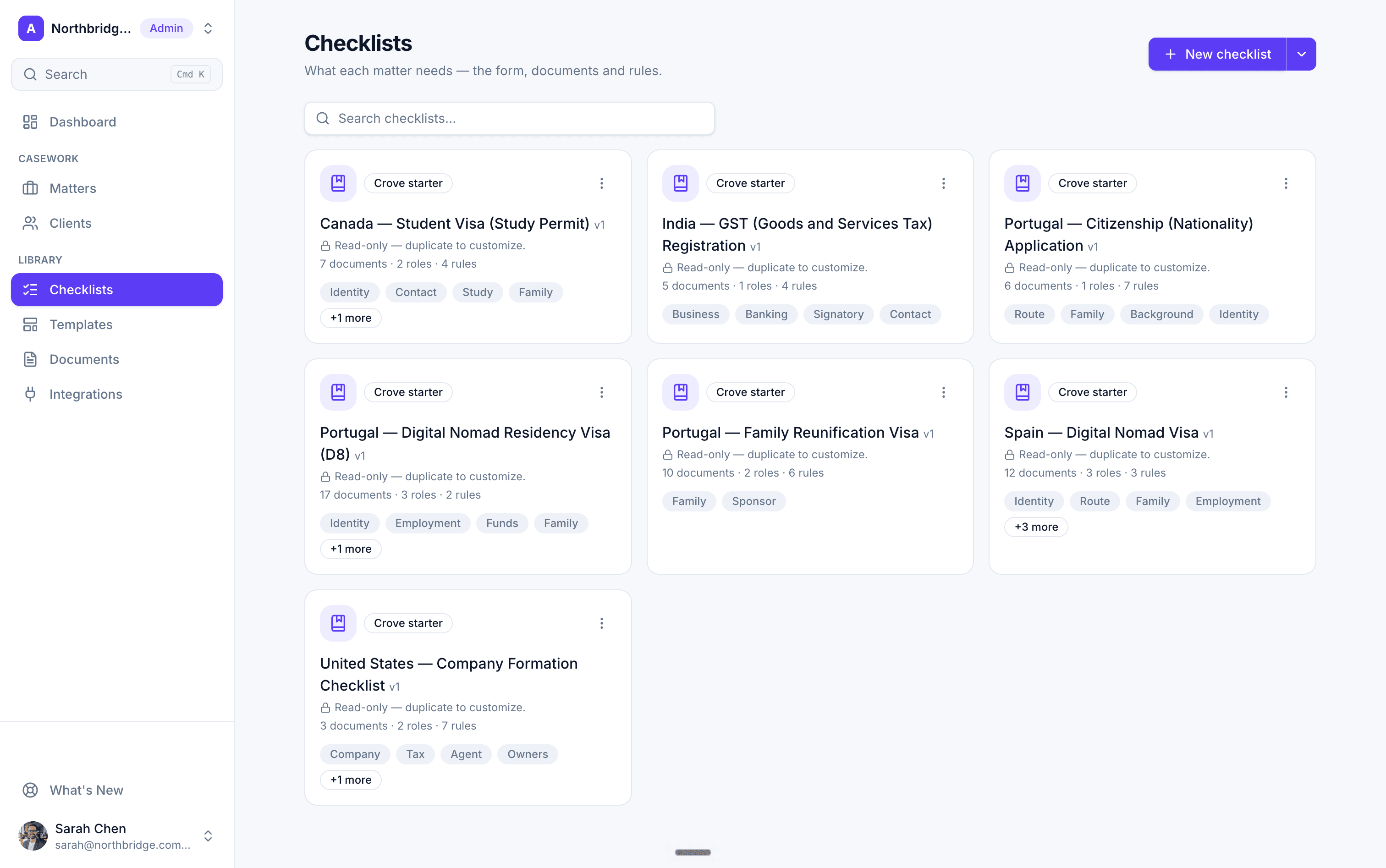 Crove's starter intake library: ready-made kits for visas, GST registration, and company formation