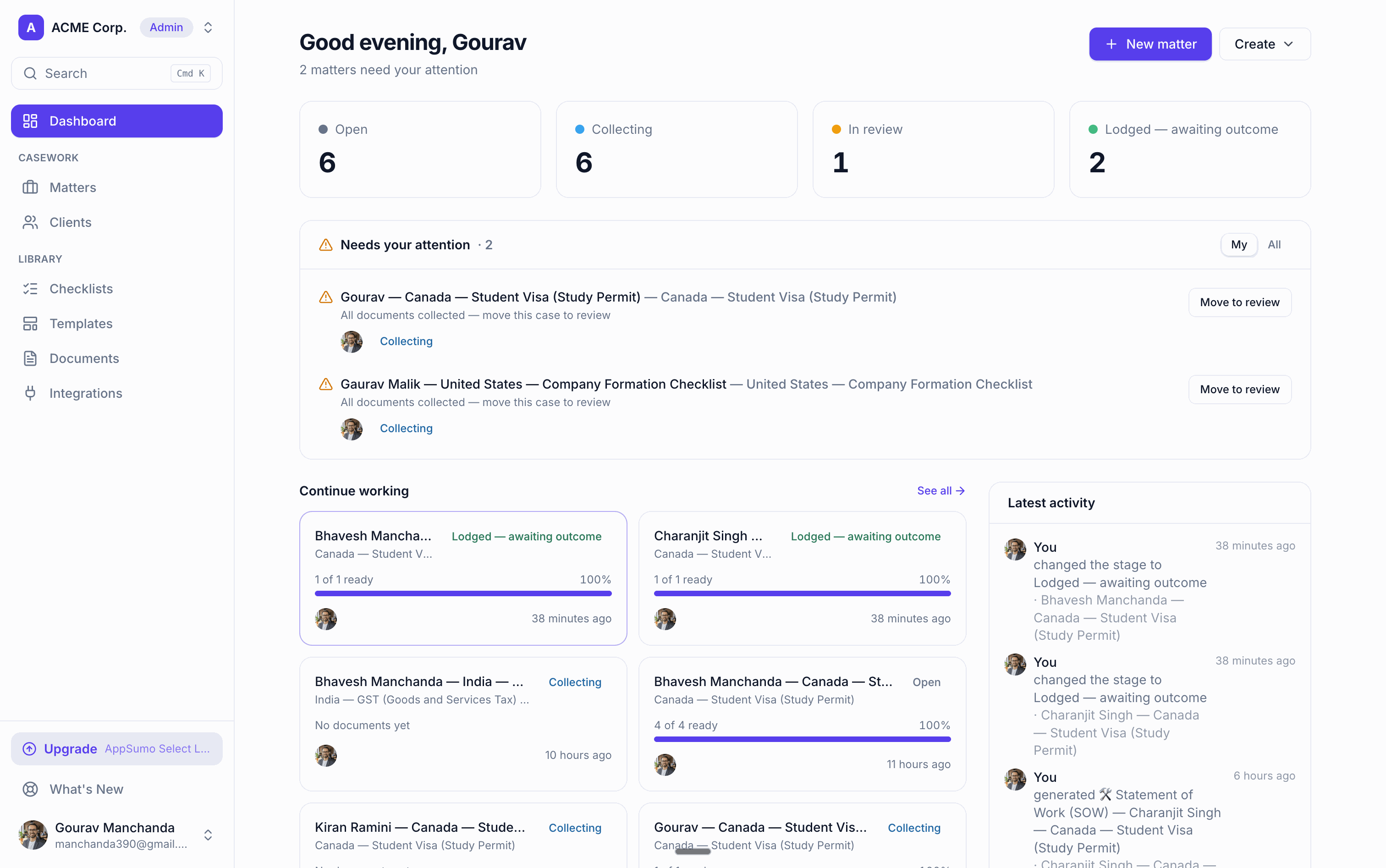 Crove dashboard: active matters by stage, cases needing attention, and recent activity