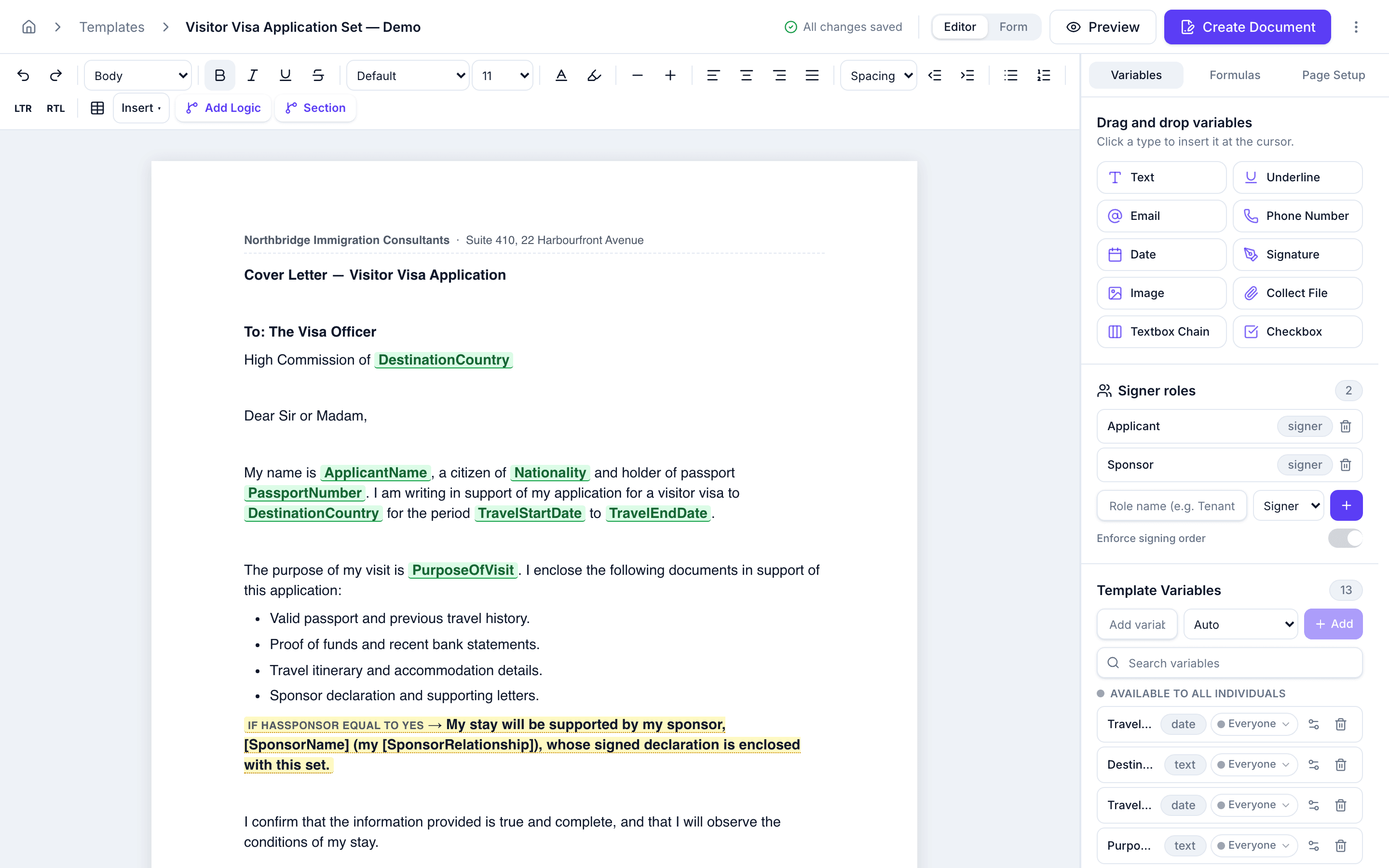 The Crove template editor — a visitor-visa document set: a cover letter on the consultancy's letterhead with variable tokens, a conditional sponsor clause, and Applicant and Sponsor signer roles