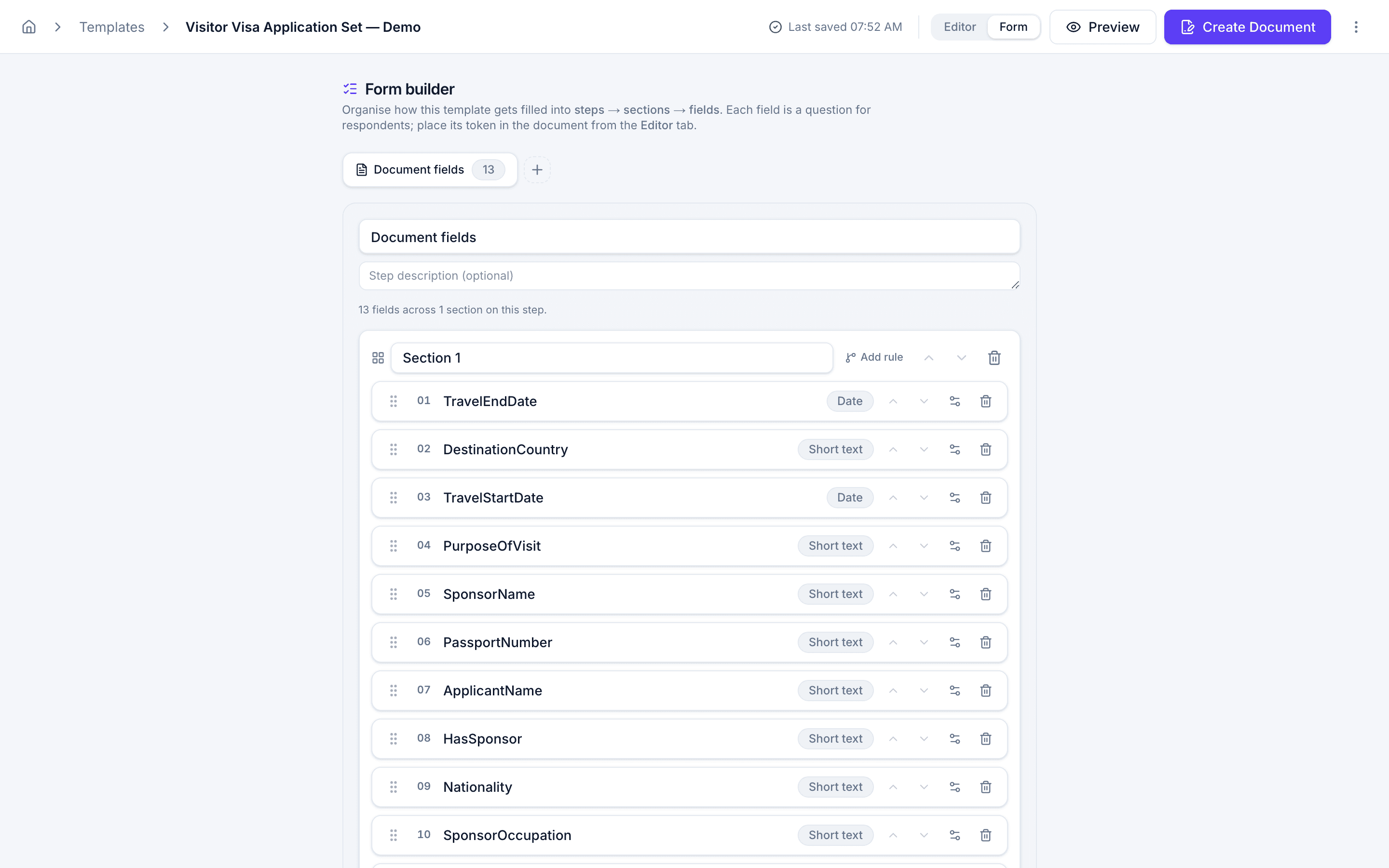 The Crove form builder — the client intake form's fields, generated from the visa document set's variables