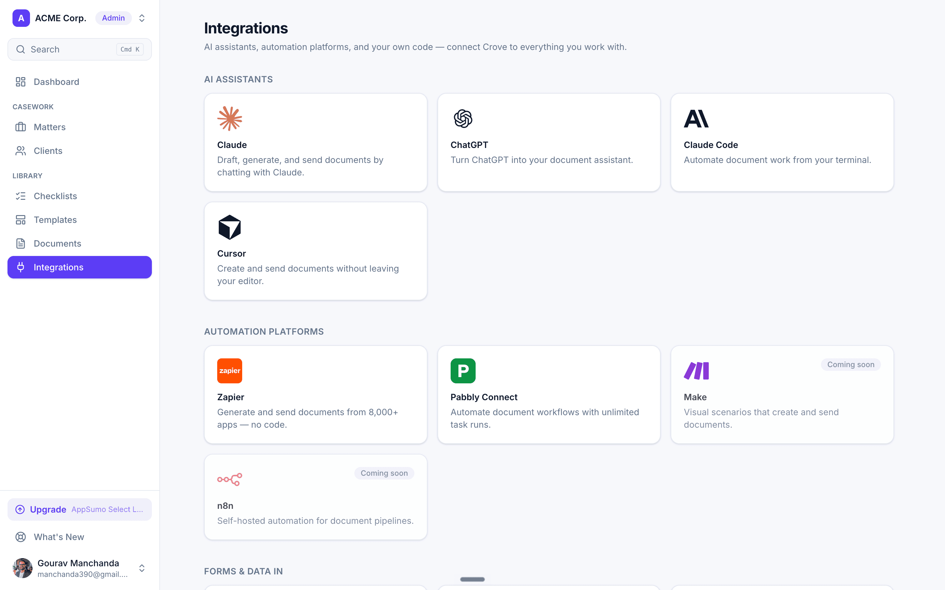 Crove integrations: connect Claude, ChatGPT, Cursor, and automation platforms