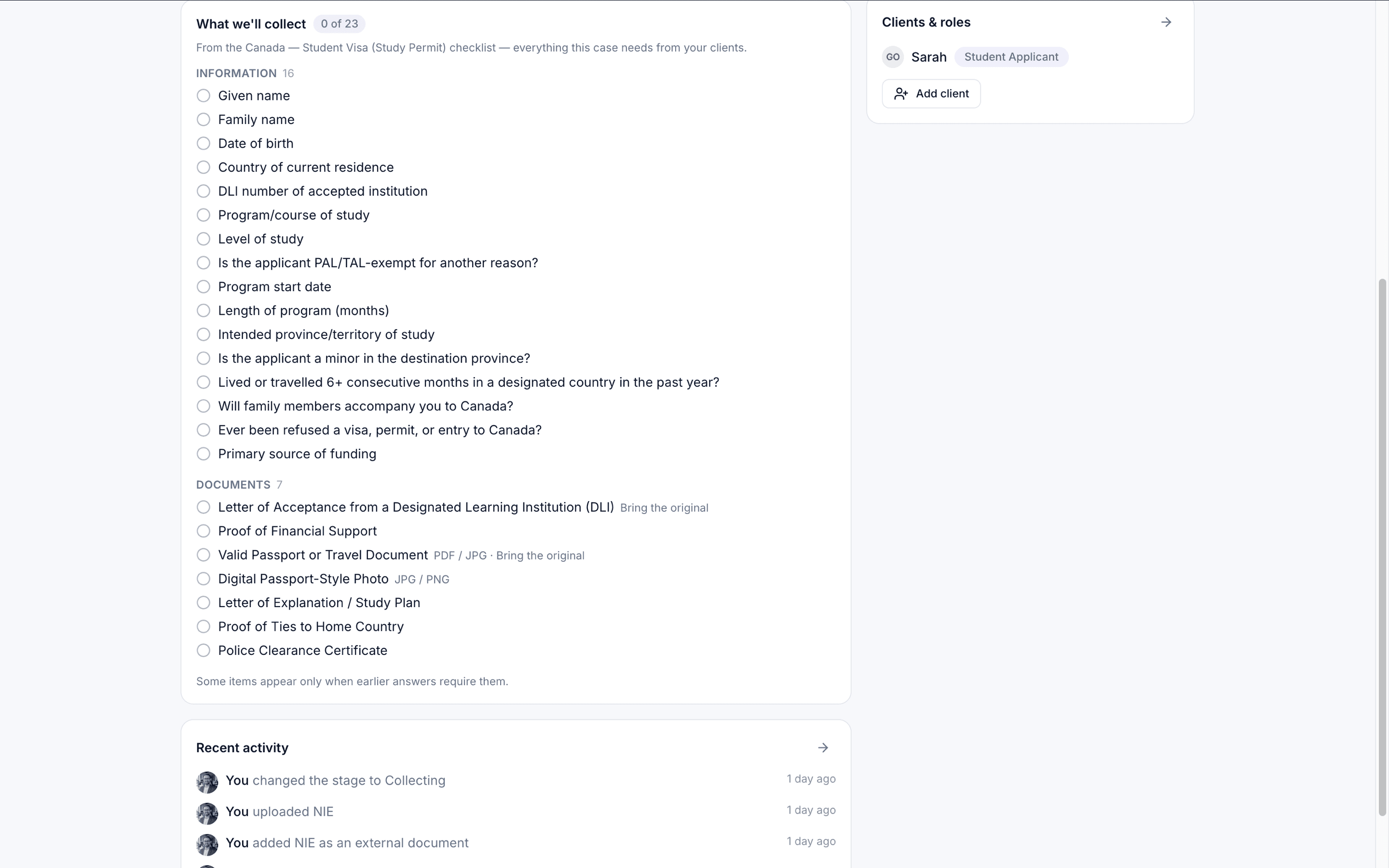 A dynamic document checklist whose requirements adapt to the client's answers