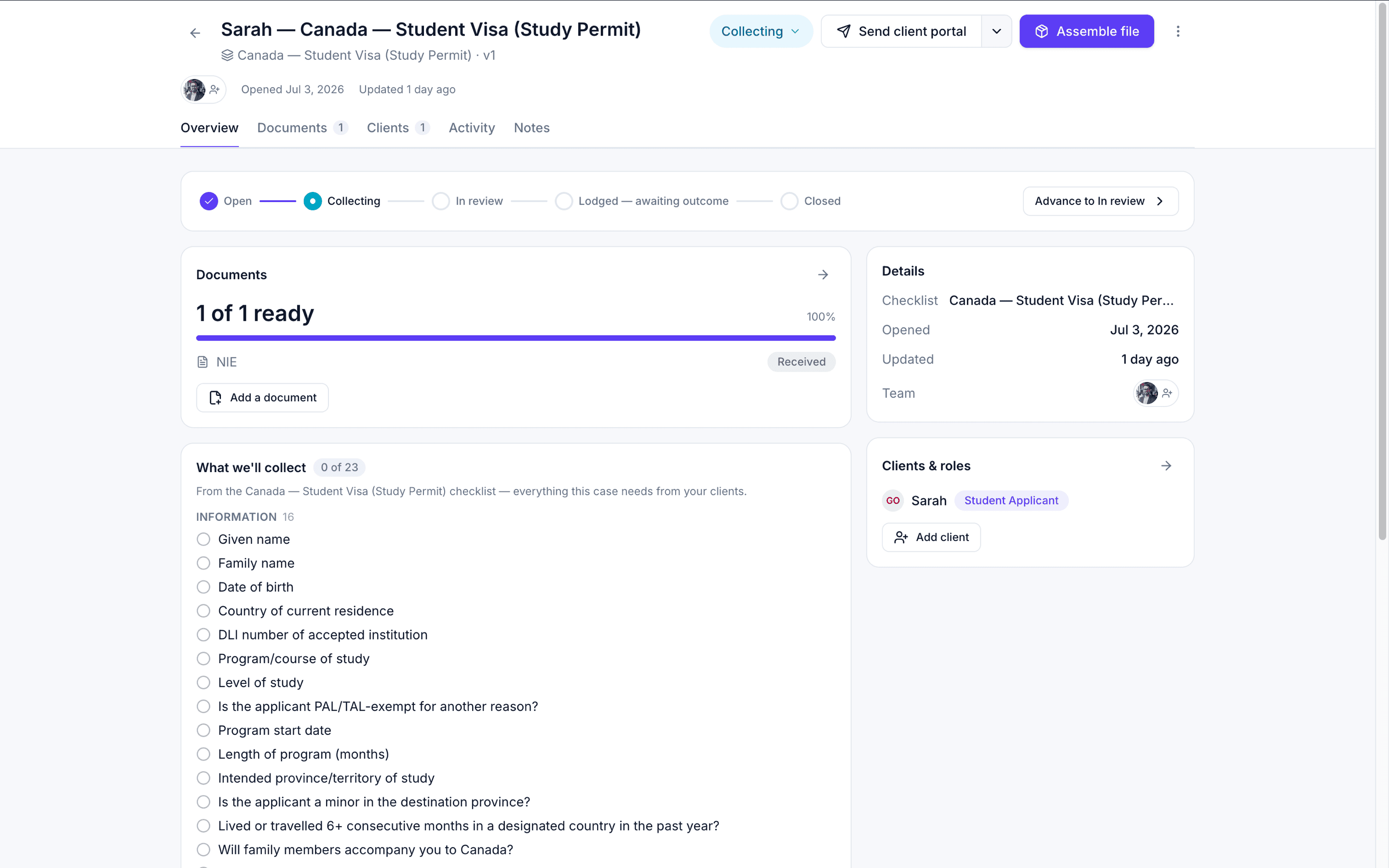 A student-visa matter: stage tracker, document progress, intake, and client roles