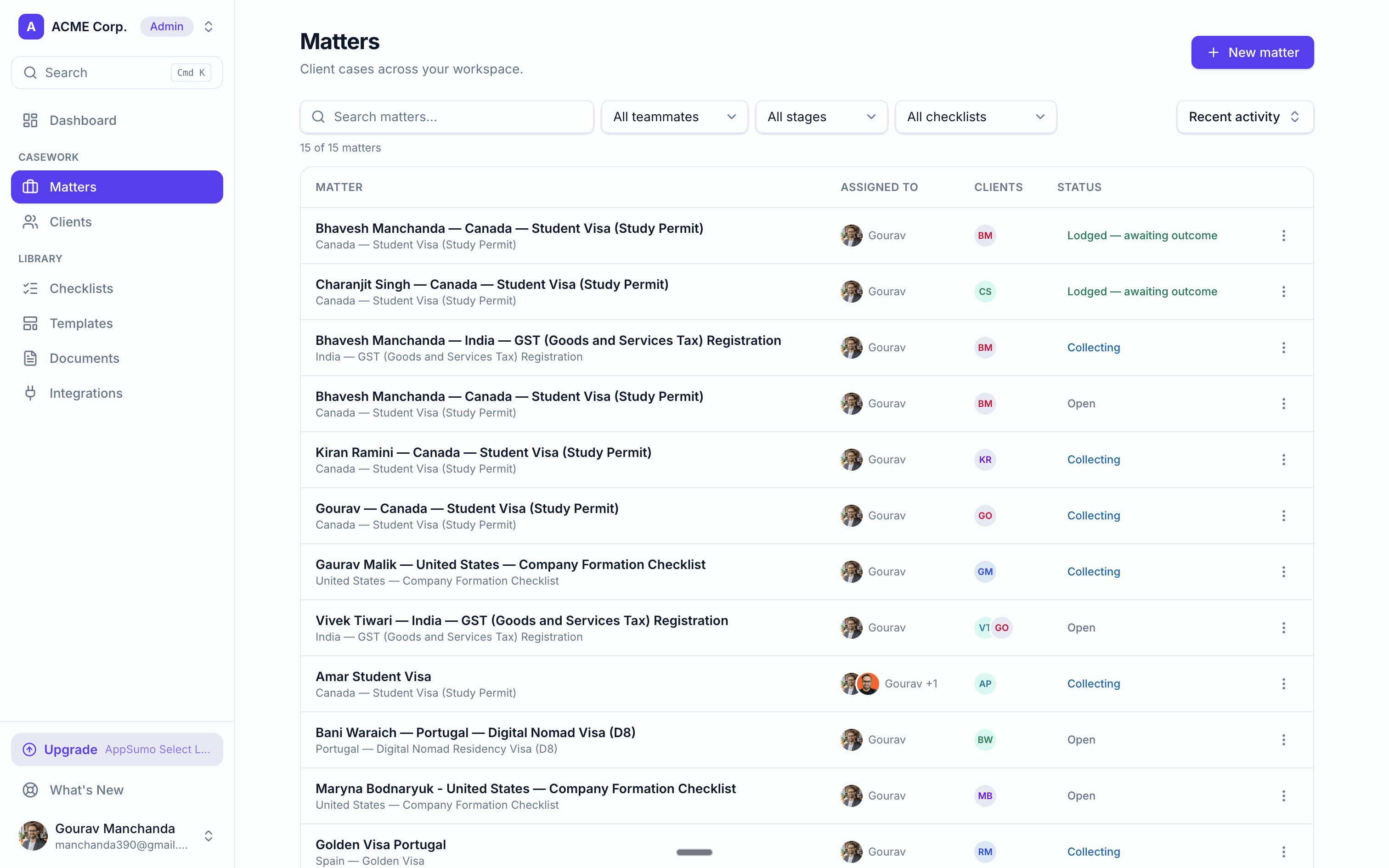 The matters list: every client case across the workspace, filterable by stage, teammate, and intake