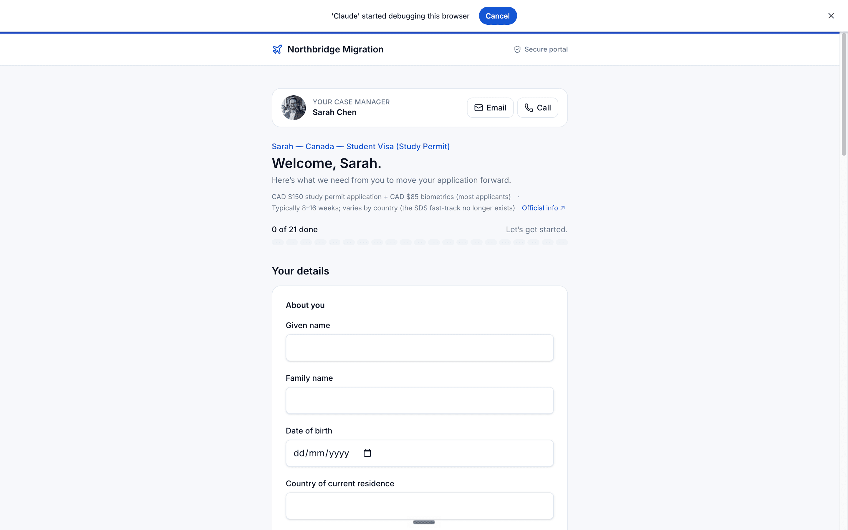 The branded client portal a client sees: their case manager, what's needed, and a guided form